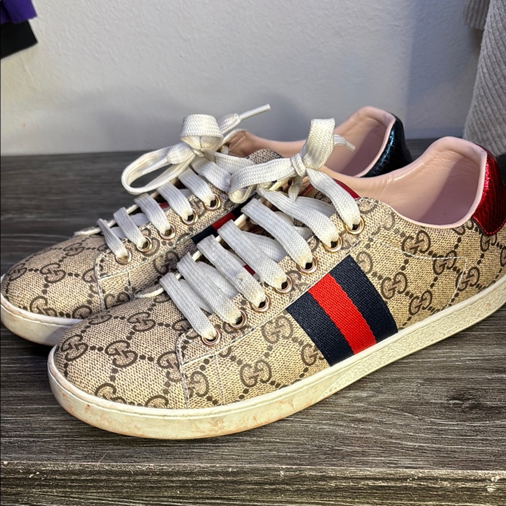 Gucci Beige Monogram Sneakers with Red and Blue Stripe
